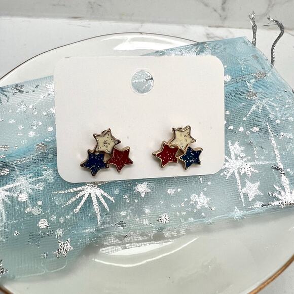 Red White Blue Sparkle Star Stud Earrings – 4th of July Patriotic Jewelry - Picture 2 of 4